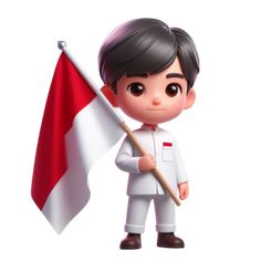 a little boy holding a flag in his hand and wearing a white uniform with a red stripe on it