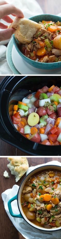 three different pictures of food being cooked in the same skillet and then put in an oven