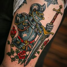 Exclusive Knight Tattoo Files Japanese Knight Tattoo, American Traditional Knight Tattoo, Knight Traditional Tattoo, Shoulder Tattoo Traditional, Traditional Knight Tattoo, Medieval Woodcut Tattoo, Knight Tattoo Design, Wolf Tattoo Traditional, Hammer Tattoo