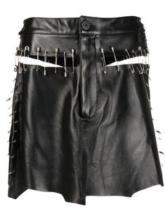 black leather raw-cut hem safety pin detail concealed front zip fastening A-line above-knee length Safety Pin Skirt, Leather Skirt Black, Natasha Zinko, Vivid Dreams, Fire Island, B Fashion, Wardrobe Edit, City Dress, Black Leather Skirts