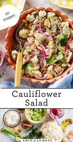 cauliflower salad in a bowl with the title above it