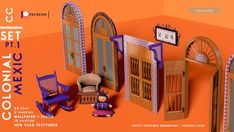 an orange and purple advertisement with furniture in it's display area, including a rocking chair