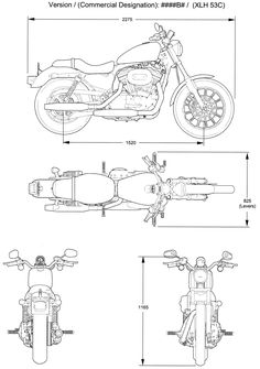 an image of a motorcycle with measurements for the front and rear wheel, side view