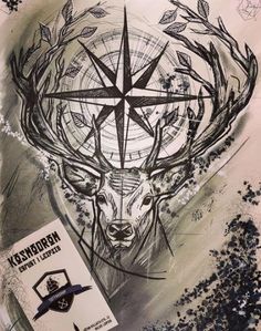 a drawing of a deer with a compass on it's head