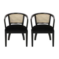 a pair of chairs with black upholstered backrests and caned arms