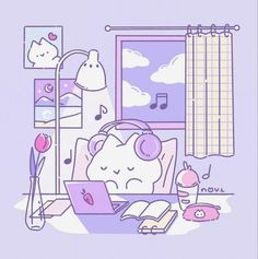 an illustration of a cat sleeping on a bed with headphones and music notes in front of the window