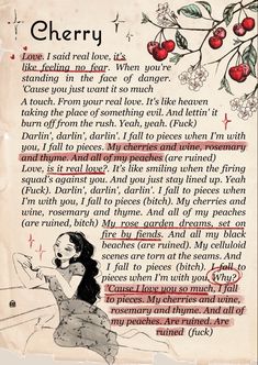 Lyrics Cherry Lana del Rey, aesthetic, vintage, coquette Lana Cherry Poster, Cherry Poster Lana Del Rey, Croquette Aesthetic Lana Del Rey, Lana Del Rey Books Aesthetic, Cherries Lana Del Rey, Lana Del Rey Themed Wallpaper, Vintage Red Wallpaper Aesthetic, Cocette Aesthetic Poster, Lana Posters Aesthetic