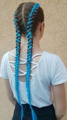 Two Braids Hairstyle Black Women, Blue Hair Extensions, Uraraka Cosplay, Rave Braids, Curly Braided Hairstyles, Two Dutch Braids, Soccer Hair, Two Braid Hairstyles, Dyed Curly Hair