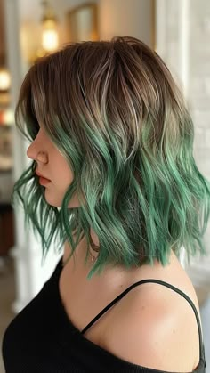 Green Bayalage Hair Brunettes, Brown To Green Hair, Brown To Green Ombre Hair, Brown Hair With Green Tips, Hair Dye Colors For Brunettes, Green Tips Hair, Brown Hair With Colored Tips, Green Balayage Hair, Brown Hair With Green Highlights