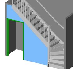 an open door leading to a stairway with stairs on each side and green doors at the bottom