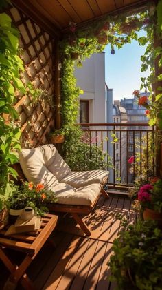 the balcony is covered with lots of plants and potted plants, including an outdoor chaise lounge