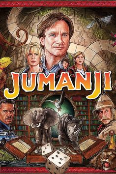 the poster for juman is shown in front of an image of people and animals