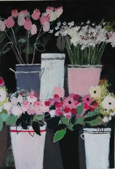 a painting of vases with flowers in them