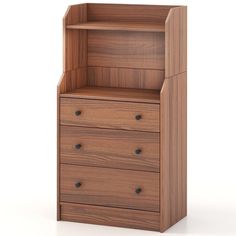 a wooden cabinet with three drawers on one side and an open drawer on the other