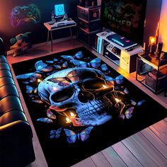 a living room filled with furniture and a skull rug