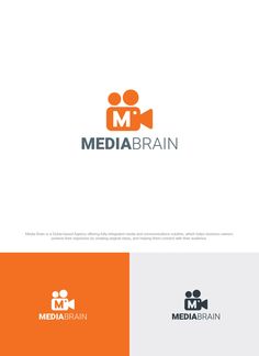 the logo for media brain, which is designed to look like an orange and white film camera