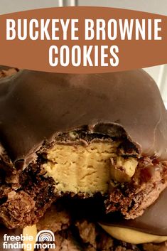 a chocolate covered cookie with the words buckeye brownie cookies on top and bottom