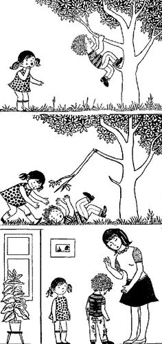 two children are playing in the grass near a tree and another child is reaching for something