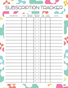 a printable sudscription tracker for kids with colorful shapes and dots on it