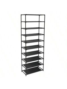 a black metal shelf with five shelves on each side and four different levels to the bottom