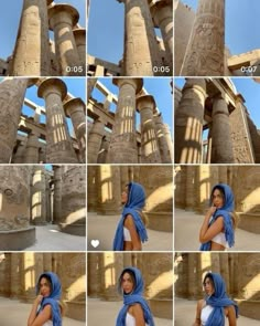 multiple pictures of a woman in front of an ancient building with columns and pillars, all showing different angles