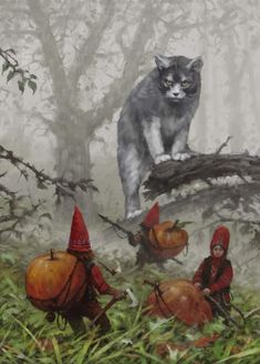 a painting of a cat standing on top of a tree branch next to some pumpkins