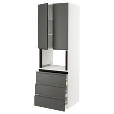 a white and grey cabinet with drawers