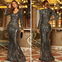 Brand New. Silver V-neck Sequin Dress For Wedding, Metallic Evening Dress For Gala And Holiday, Metallic Sequin Dress For Gala, Elegant Metallic Evening Dress With Sequins, Elegant Metallic Sequined Evening Dress, Glamorous Silver Long Sleeve Sequin Dress, Glamorous Silver V-neck Gown, Silver Fitted V-neck Evening Dress, Glamorous Metallic Prom Gown