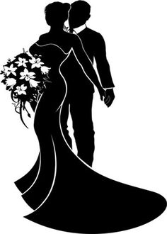 a bride and groom silhouetted against a white background with flowers in their bouquets