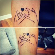 two tattoos with hands holding hearts on their arms and the other hand is in the shape of a heart