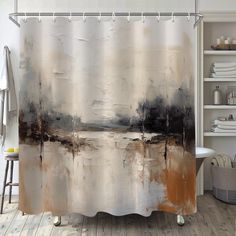 a shower curtain with an abstract painting on the side and brown, white and black colors