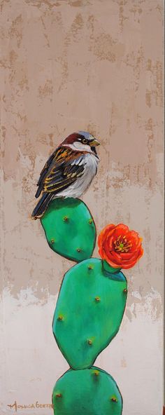 a painting of a bird sitting on top of a cactus with a flower in its beak