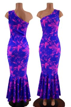 This one shoulder gown is four way stretch, UV glow, super comfy, and ultra glamorous!  Wear it with the shoulder on either side, it is completely reversible. It features a smooth fit all the way down to the knee, where it flares into a full circle hemline.Created for an average height of 5'6" to 5'8".  If you are taller or shorter than that, please put your height in the notes section at checkout and we will adjust it for you!This item is made to order, and ships out within five days of purcahs Yard Outfits, Bula Dress Patterns, Fitted Purple One-shoulder Dress, Island Dress Patterns, Fitted One-shoulder Purple Gown, Purple One-shoulder Maxi Dress For Party, Purple Fitted One-shoulder Maxi Dress, Off-shoulder Tropical Print Summer Dress