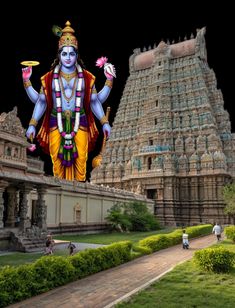 an image of the god ganesh in front of some very large buildings with people walking around