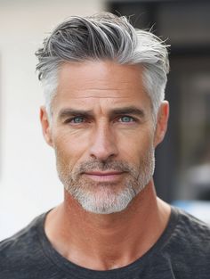 The refined taper fade is a stylish and contemporary choice for older men, particularly those with grey hair. This haircut features gradually shorter hair on the sides and back, blending into a longer top, offering a sleek and modern look. It’s perfect for both professional settings and casual outings, giving a youthful and sophisticated appearance. This style suits all face shapes and enhances blue and green eyes beautifully. Men S Haircuts, Longer On Top Mens Hair, Sleek Mens Hairstyles, Mens Hairstyles Over 50 Men Gray Hair, Silver Foxes Men Aging Gracefully, Older Man Style, Middle Aged Men Hairstyles, Longer Mens Haircut, Mens Longer Hair Styles