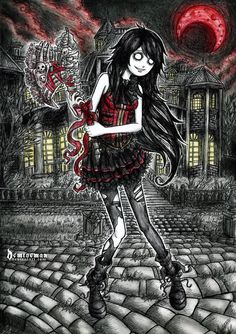 a drawing of a girl with long hair holding a guitar in front of a creepy house