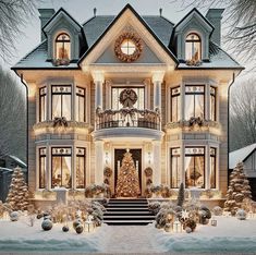 a large house with christmas decorations on the front