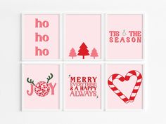 four christmas cards in pink and red on a white background, with the words merry and a happy always