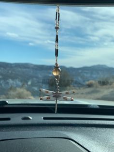 a car dashboard with a dragonfly hanging from it's side window and mountains in the background