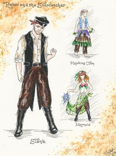 a drawing of two people dressed in pirate costumes, one is wearing a hat and the other has a skirt