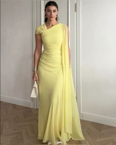 Classy Dresses For Wedding Guest, Wedding Guest Dresses Modest, Yellow Gowns Elegant, Modest Party Dresses, Modest Wedding Guest Outfit, Yellow Evening Dresses, Modest Dresses Fashion, Evening Party Gowns, Chiffon Evening Dresses