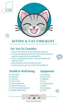 the kitten and cat checklist is shown in this graphic file, which includes information about cats