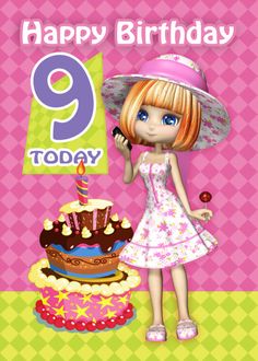 a birthday card with a girl holding a cell phone in front of a cake and the number eight on it