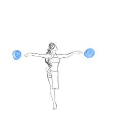 a drawing of a woman holding two blue balls