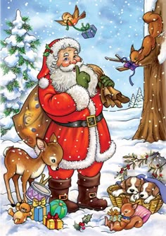 a santa claus is standing in the snow with his reindeers and other christmas items