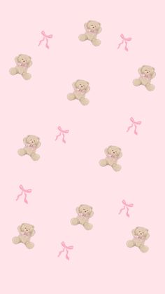 a pink wallpaper with teddy bears and bows on it's sides, in the shape of hearts