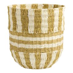 Mustard and White Paper Rounded Striped Basket - World Market Wastepaper Basket, Decorative Storage Baskets, Decor Things, Maker Space, Nursery Inspo, Paper Storage, Space Organizer, Home Storage, World Market