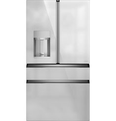 a stainless steel refrigerator freezer with water dispenser on the front and bottom