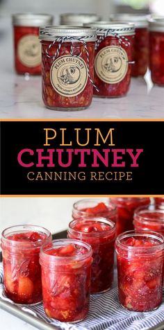 plum chutney canning recipe in mason jars on a tray with text overlay