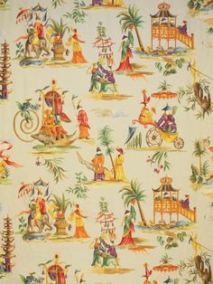 an old fashioned wallpaper with many different types of people and animals on it's surface